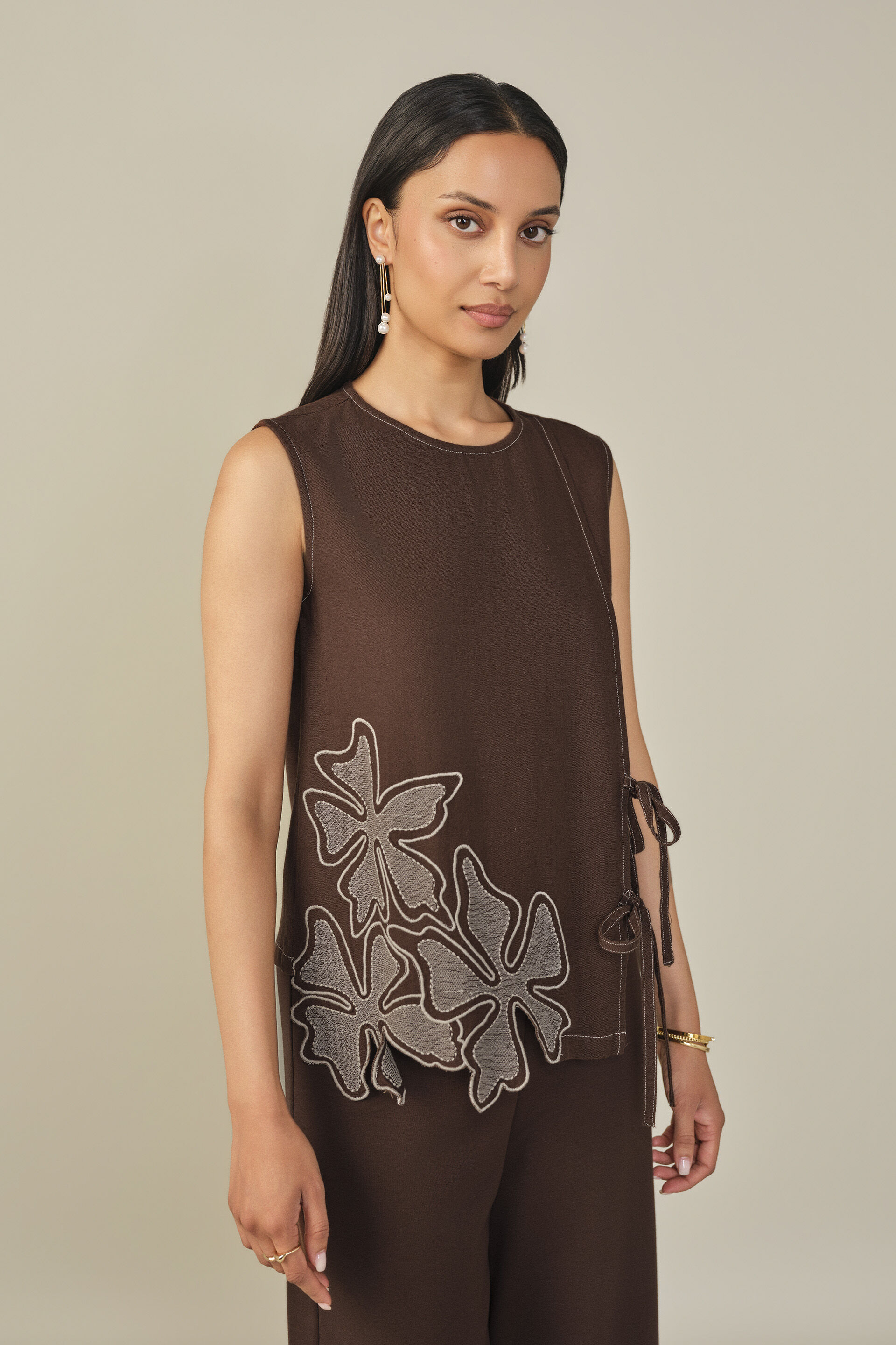 Floral Embroidered Tie-up Top in Brown, Brown, image 2